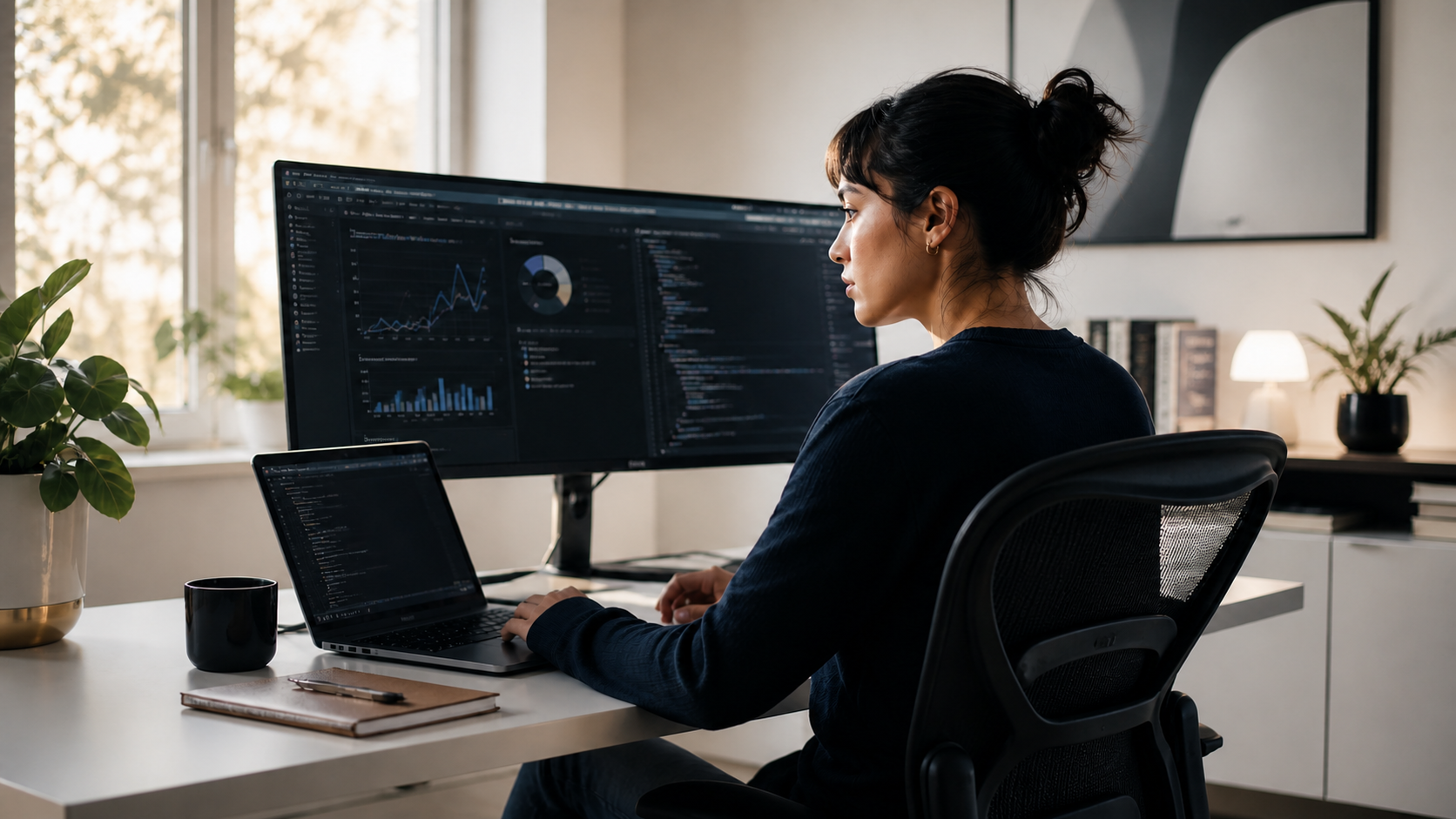 A professional at a desk reviewing compliance dashboards on a monitor and laptop