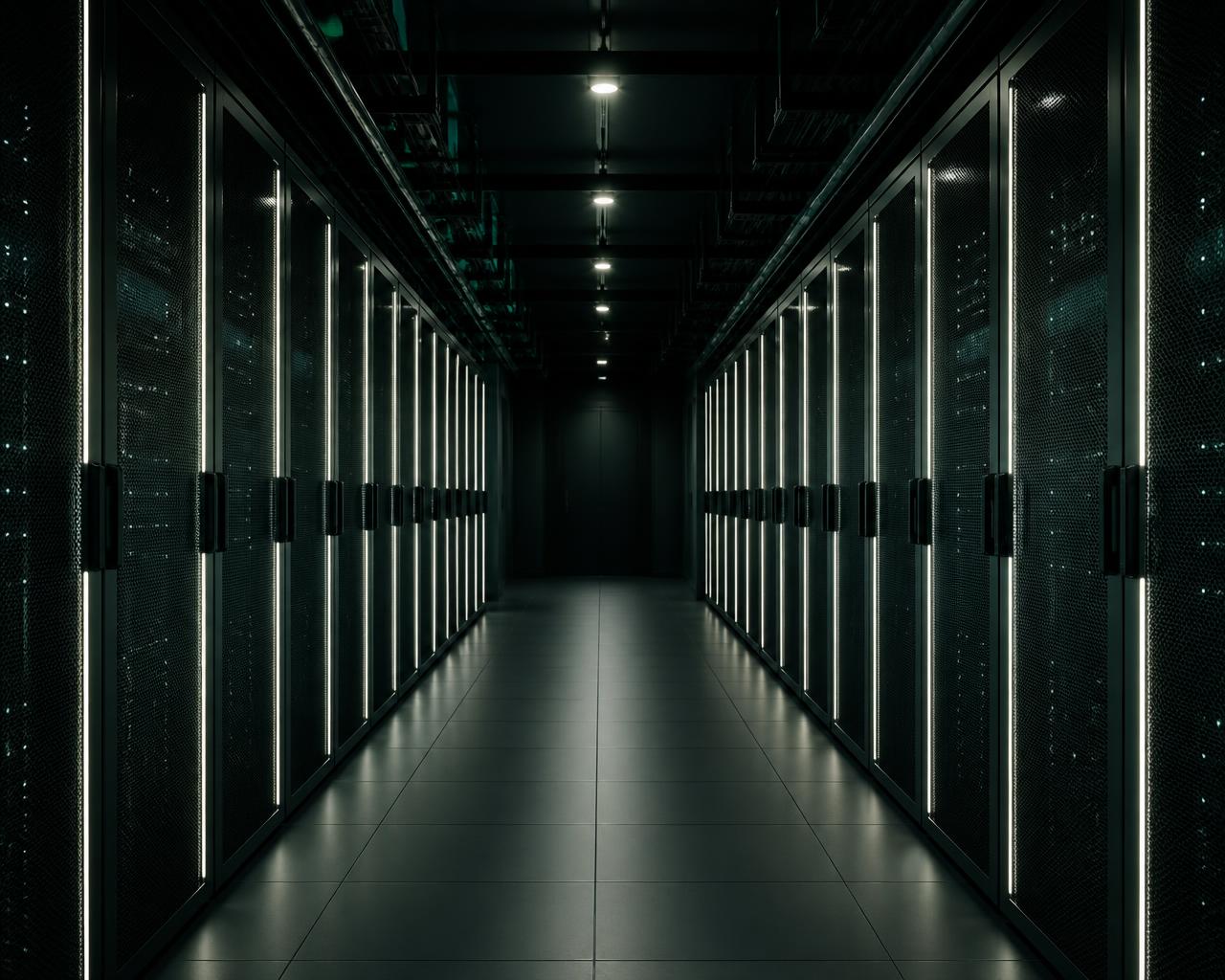 A dimly lit data centre corridor with rows of server racks